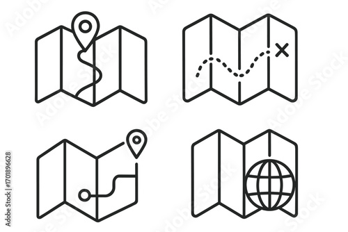 Map line icon set. Travel, navigation, location pin, and destination vector illustrations. Concepts for journey, route finding, GPS, global exploration, and direction.