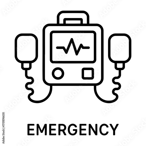 Illustration of a defibrillator with paddles and a screen showing a heartbeat line