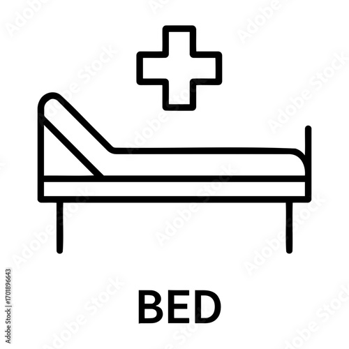 Illustration of a hospital bed with a raised head and a medical cross above it drawn