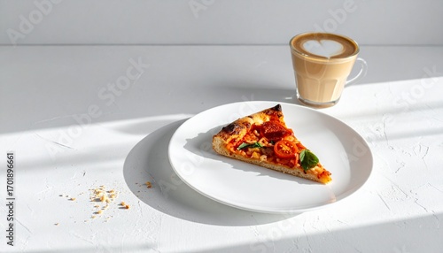 Pizza slice with coffee on clean background and space. AI generated.