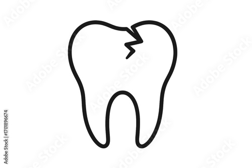 Cracked tooth line icon. Broken molar representing dental problems, toothache, pain, enamel damage, decay, and caries. Simple stomatology and dentistry vector symbol.