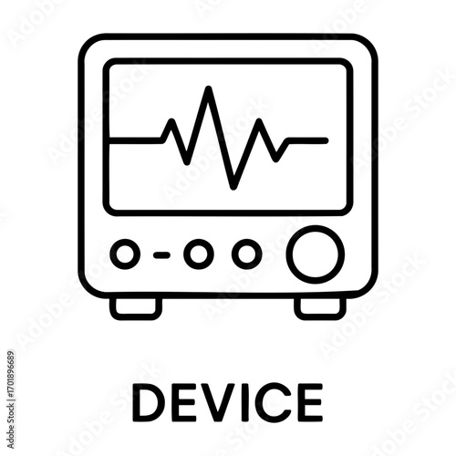 Illustration of a medical monitor displaying a heartbeat waveform with control buttons and dial