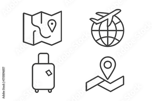 Travel and tourism icon set. Simple linear vector illustrations for graphics and apps. Includes map with location pin, airplane over globe, journey luggage, and destination.