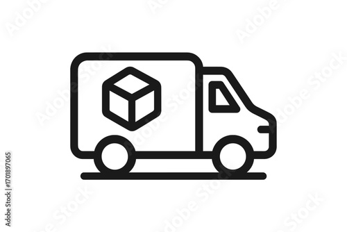 Delivery truck icon. Shipping van with package symbol. Logistics and transport concept. Simple line art vector for freight, cargo, and postal service. Fast order moving.