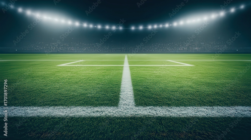 Obraz premium An expansive view of a well-maintained soccer field, illuminated by bright stadium lights, ideal for sports articles, event promotions, and themed designs focused on soccer or athletic culture,