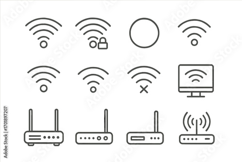 WiFi and router line icon set. Wireless internet connection and network signal symbols. Outline vector signs for web and graphic design, UI, UX, apps, and advertisements.