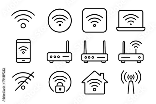 WiFi and router line icon set. Wireless internet connection signs. Network signal, modem, laptop, phone symbols. Web and app graphic design elements. Vector pictogram pack.