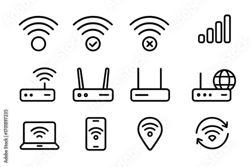 WiFi and router line icon set. Wireless internet connection, signal strength, hotspot and network symbols. Vector outline pictogram for web, ui, app and graphic design.