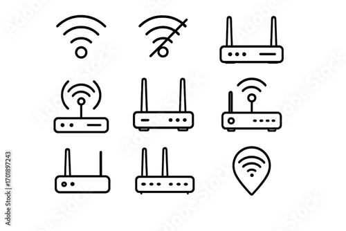 WiFi and router line icon pack. Wireless internet connection signs. Network technology outline symbols for web design, apps. Vector modem and signal pictogram set.