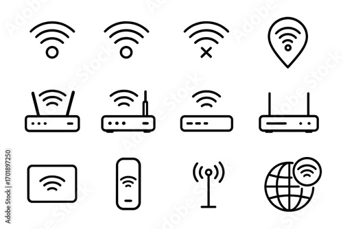 WiFi and router thin line icon set. Wireless internet connection, network signal, and modem symbols. Outline vector graphics for web design, apps, and infographics.