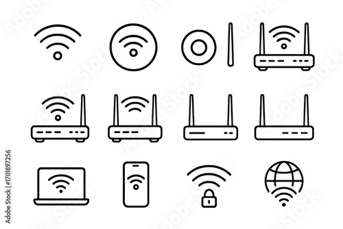 WiFi router line icon set. Wireless internet connection, signal, and network symbols. Outline pictogram collection for web design, mobile app, UI, UX. Vector graphic.