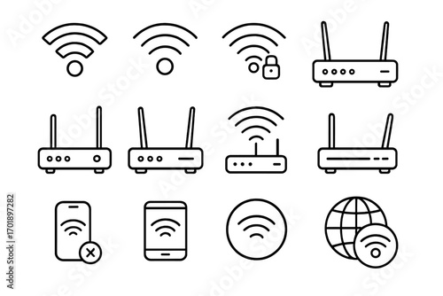 WiFi and router thin line icon set. Wireless internet connection signs. Outline symbols for web design, apps. Vector router, modem, signal, network and access point icons.