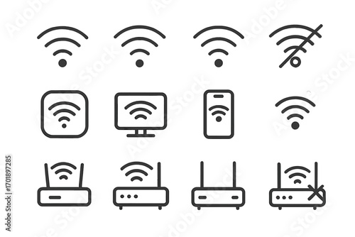 WiFi and router thin line icon set. Wireless internet connection signs. Network signal for computer and phone. UI UX outline vector symbols for web design and mobile apps.