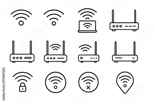 WiFi router thin line icon set. Wireless internet connection, network signal signs. Web, app outline pictograms. Vector symbols for hotspot, modem, secure access point.