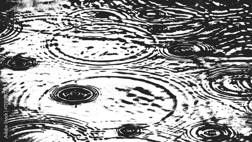 rain on water surface grunge texture, distressed liquid ripples background, monochrome abstract water pattern, black and white textured raindrop circles