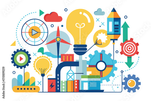 Minimalist vector illustration of two hands sketching a glowing light bulb with a pen, symbolizing creativity, brainstorming, innovation, imagination, and idea generation. Perfect for business present