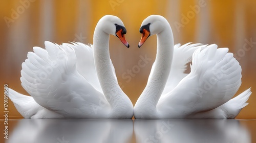 Fototapeta Naklejka Na Ścianę i Meble -  Two elegant swans gracefully form a heart shape with their necks amidst a serene, golden backdrop, This image can be used for themes of love, romance, nature, and tranquility in marketing or decor,