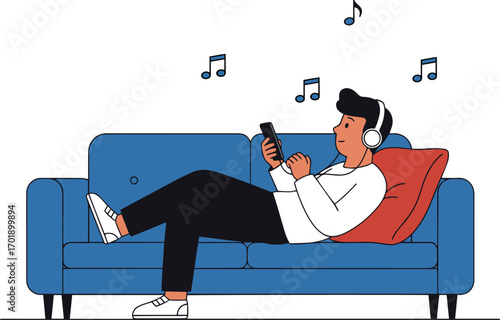 Vector art of relaxed man listening to music on his phone while lying on a sofa, enjoying leisure time
