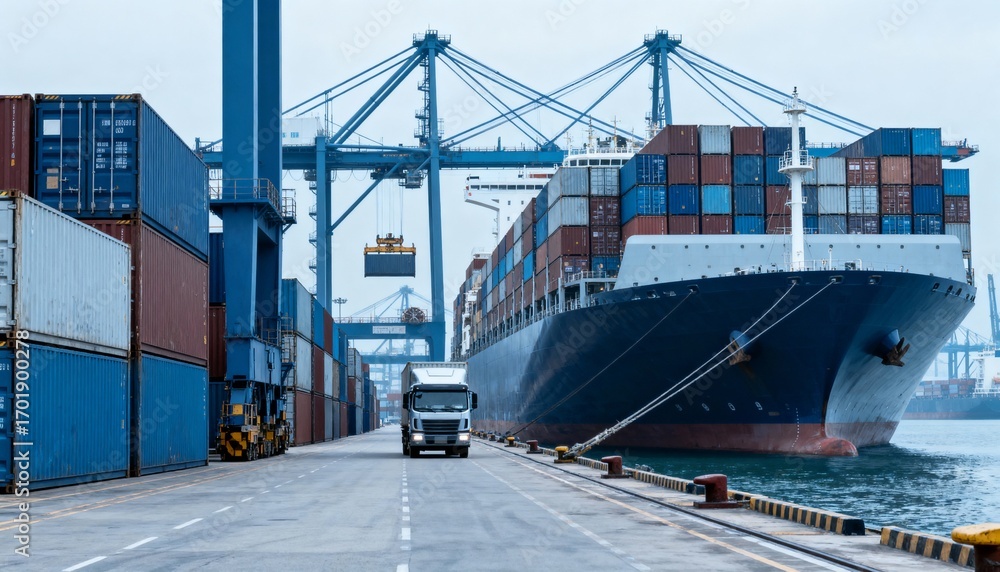 Naklejka premium Container Ship Loading with Delivery Truck at Port Terminal for Global Trade and Logistics Solutions
