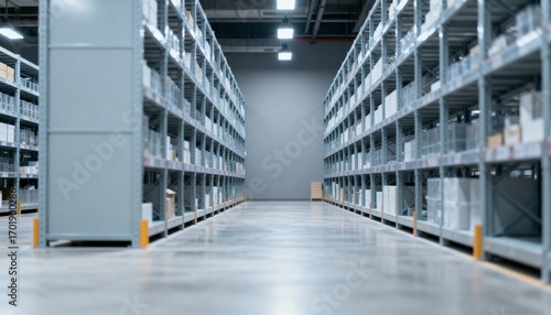 Wallpaper Mural Warehouse Interior with Rows of Shelves Stocked with Merchandise, Illustrating Inventory Management and Logistics Torontodigital.ca