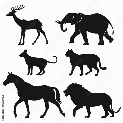Collection of silhouettes of various animals including a deer elephant horse lion and cats