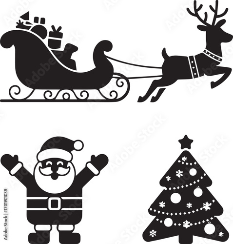Christmas scene silhouette santa claus reindeer sleigh and decorated tree festive holiday icon