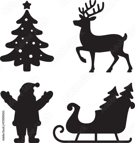 Festive christmas silhouettes set featuring santa claus reindeer sleigh and decorated tree