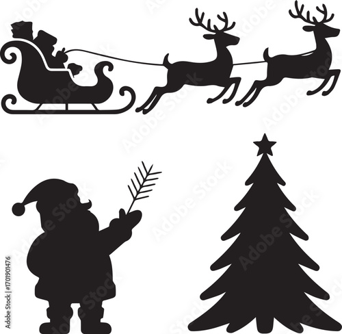 Festive silhouette collection santa sleigh reindeer christmas tree and santa claus holding pine sprig