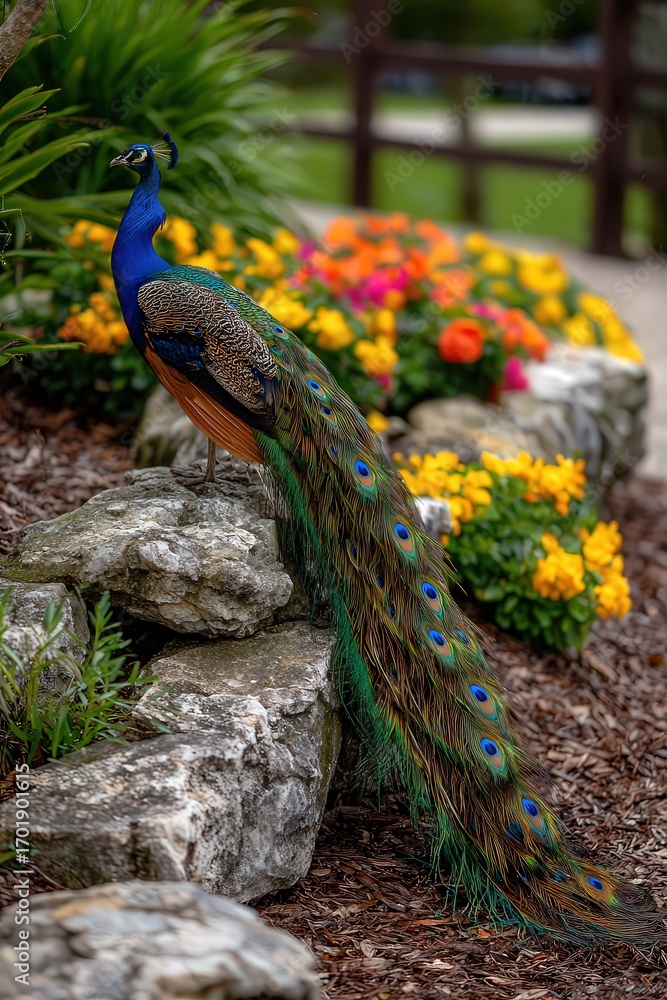 Fototapeta premium A vibrant peacock stands proudly among colorful flowers and stones, showcasing its stunning plumage, This image is perfect for nature-themed projects, tourism brochures, or wildlife publications,