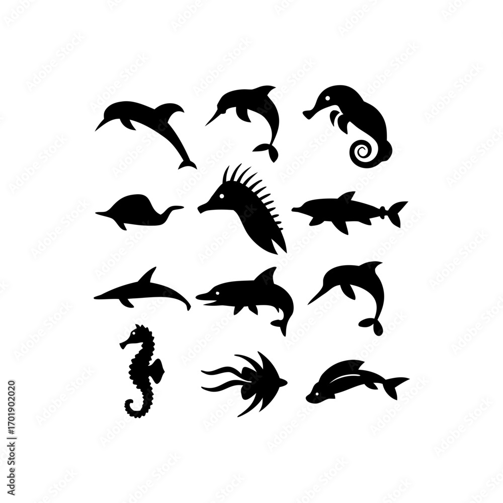 Naklejka premium Collection of black silhouettes of various marine animals including dolphins seahorses and fish