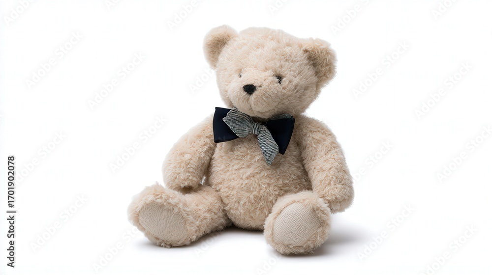 Obraz premium A cute, plush teddy bear with a stylish bowtie, perfect for children's gifts, nursery decor, or promotional material for toy stores, evoking feelings of warmth and nostalgia,