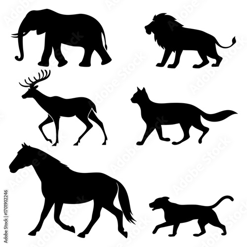 Collection of silhouettes of diverse animals including elephant lion deer cat horse and dog
