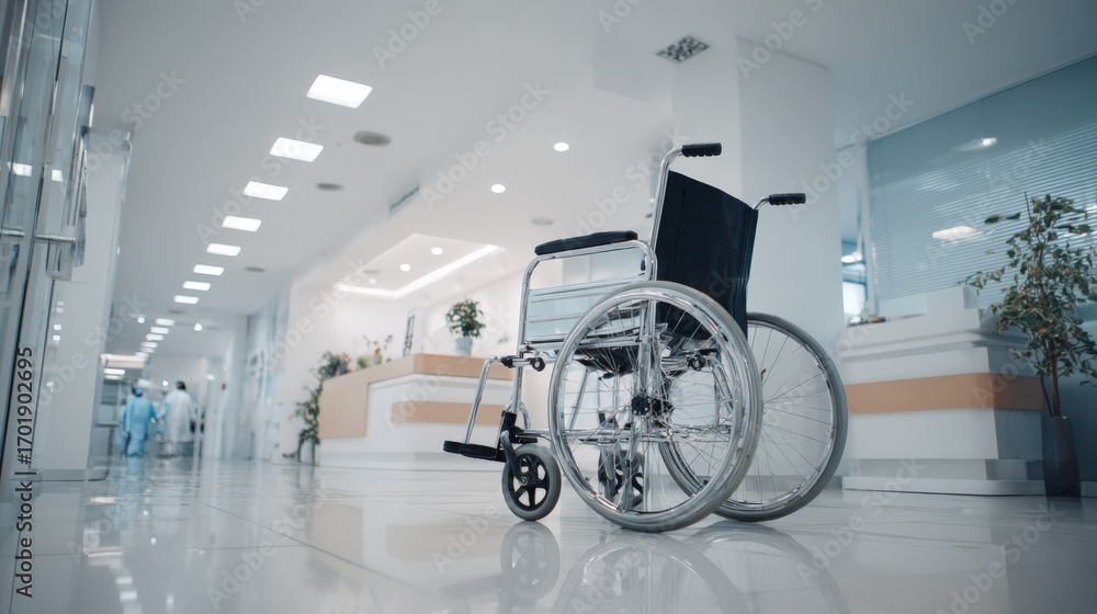Fototapeta premium Wheelchair in a Modern Hospital Corridor: Healthcare Accessibility and Patient Care Concept