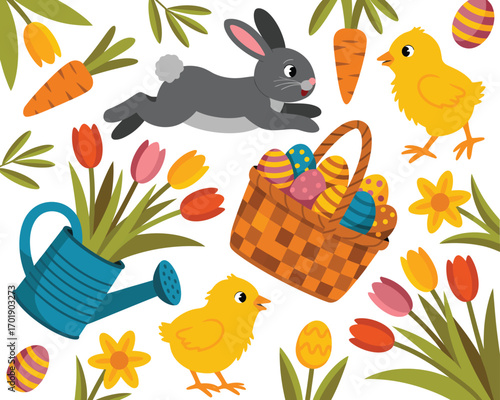 Cute easter illustration with bunny chicks tulips carrots and basket of eggs