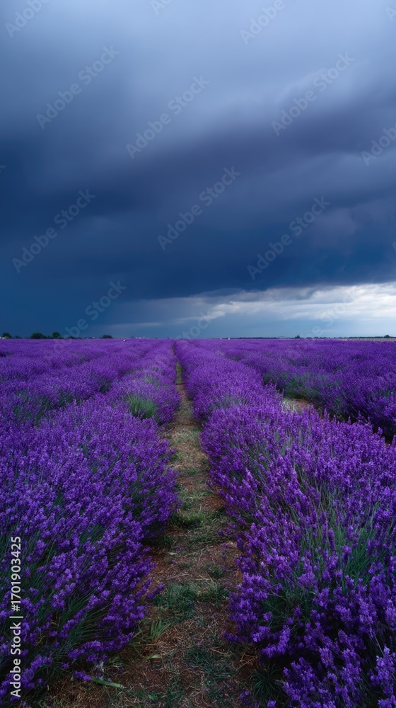 Obraz premium Lavender field under a dramatic stormy sky