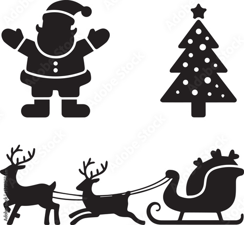 Christmas silhouette icons santa claus tree reindeer sleigh holiday design elements