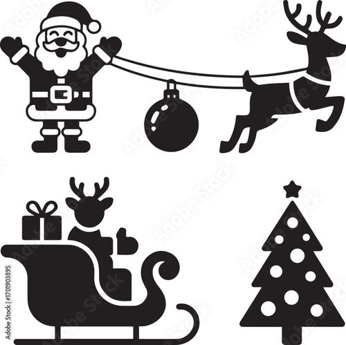 Santa claus riding sleigh with reindeer and christmas tree silhouette icons for holiday season