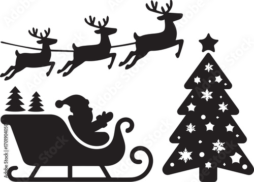 Santa claus sleigh with reindeer flying near decorated christmas tree silhouette