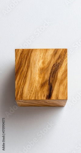 Natural wooden cube with unique swirling grain texture on a clean white background.