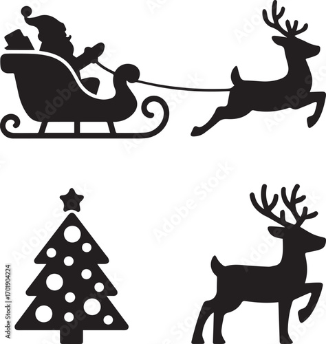 Santa's sleigh and reindeer silhouette christmas tree icon festive holiday winter scene