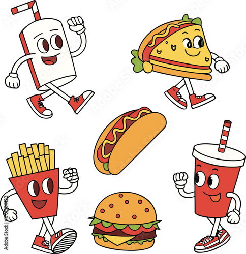 Cartoon fast food characters walking and dancing on white background vector