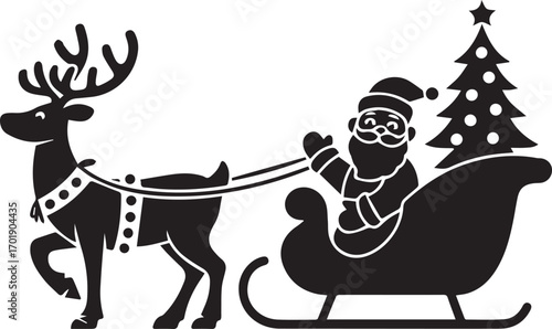 Silhouette of santa claus in sleigh pulled by reindeer with christmas tree festive holiday celebration