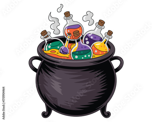 Witch s brew cauldron filled with colorful potion bottles