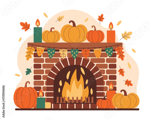 Cozy autumn fireplace with pumpkins and candles