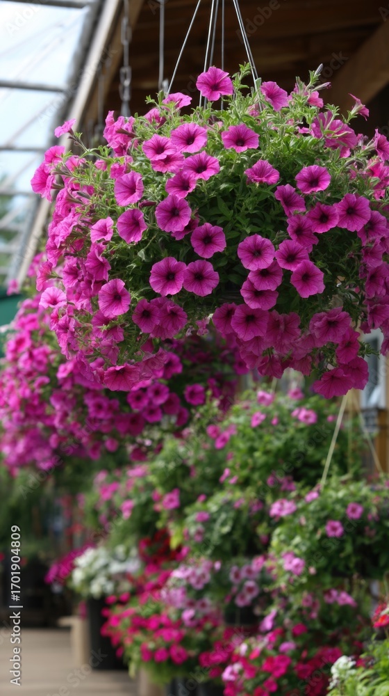 Fototapeta premium Vibrant garden with hanging petunias