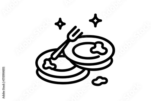 Minimalistic Thin Line Icon of Clean Plates with Fork and Sparkles for Web and Graphic Design, Apps, Banners, Social Network, and Cards, Vector Cartoon Illustration