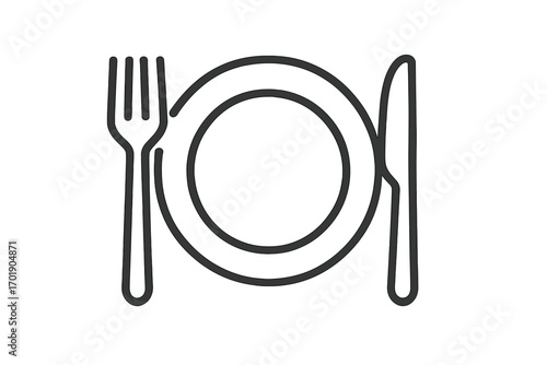 Plate wash outline icon with fork and knife vector illustration, kitchen utensil symbol, table setting graphic for web design, apps, advertising, restaurant menu, clean dish concept vector