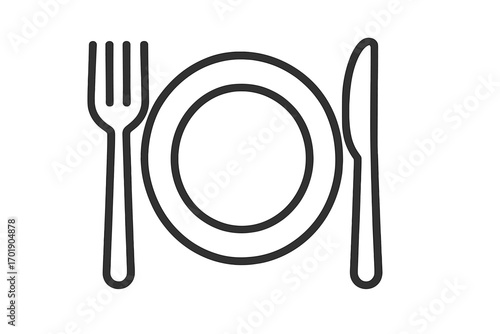 Plate and cutlery outline icon, fork and knife set with empty dish, clean minimalist dishware design, vector cartoon illustration for graphic design, apps, adverts, various cards