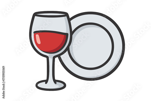 Plate with red wine glass icon, thin line vector illustration for websites, books, cards, apps, transparent background, dining set, drinkware, dinnerware concept, ordered collection