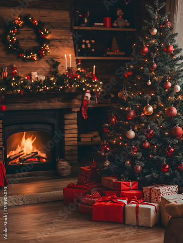 Wunderschön geschmückter Weihnachtsbaum mit funkelnden Lichtern und Ornamenten, umgeben von Geschenken vor einem knisternden Kamin in einem gemütlichen Wohnzimmer